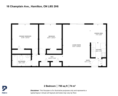 Floor plan for 2 beds, 1 bath, 795 sqft